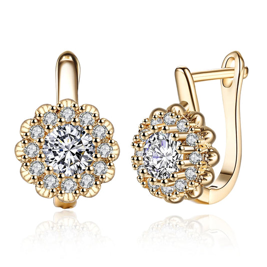 New Arrival Luxury Gold Color Flower Stud Earrings – Sparkling Crystal Halo Wedding Earrings for Women