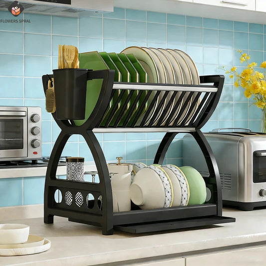 Double-Layer Countertop Kitchen Dish Rack - Space-Saving Desktop Utensil Drainer & Tableware Organizer - Stylish Black Rust-Resistant Storage Solution.