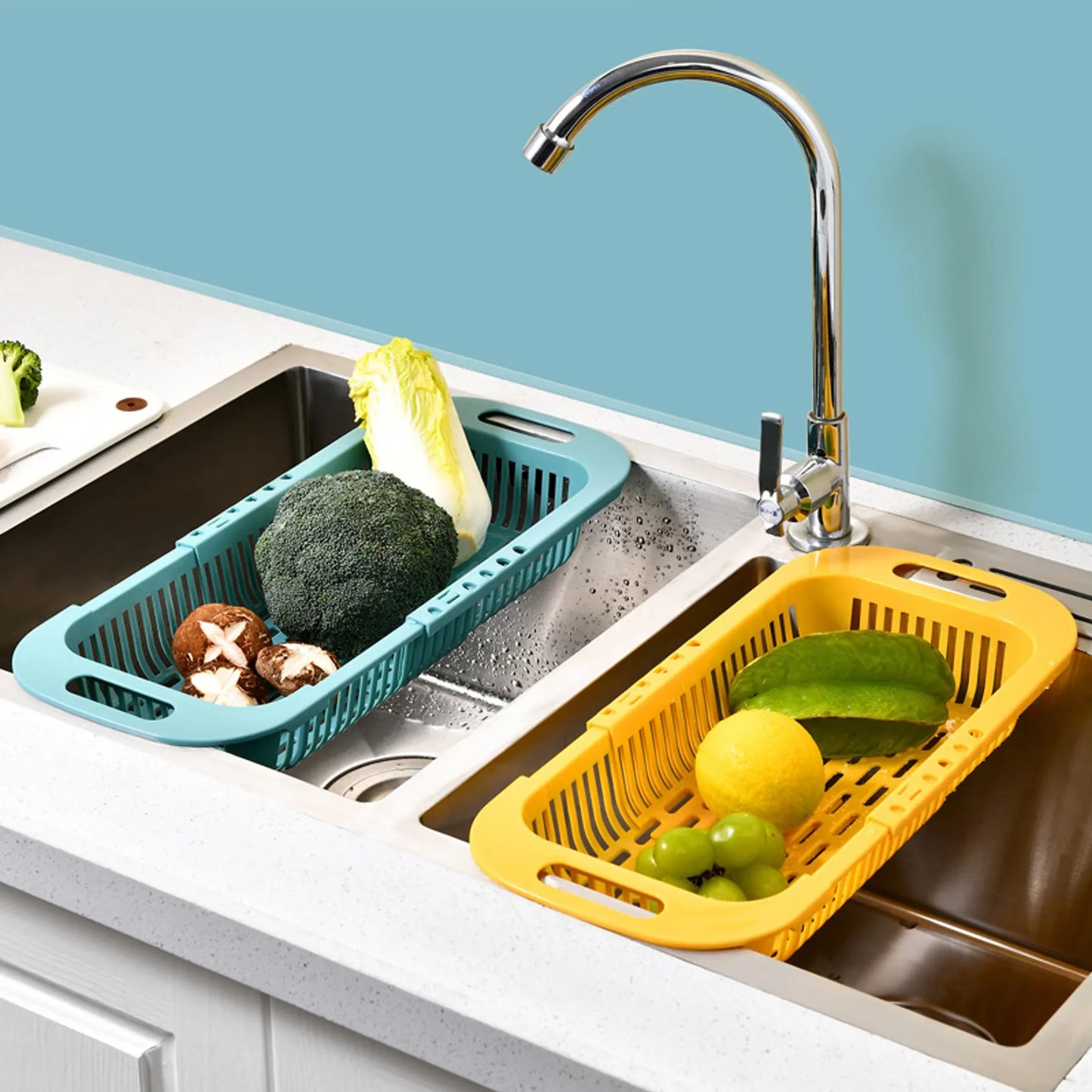 Sink Rack & Adjustable Drain Basket - Multi-Functional