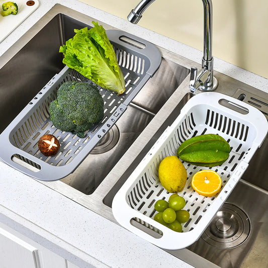 Telescopic Sink Rack & Adjustable Drain Basket - Multi-Functional Kitchen Sink Organizer for Soap, Sponge & Vegetable Drainage