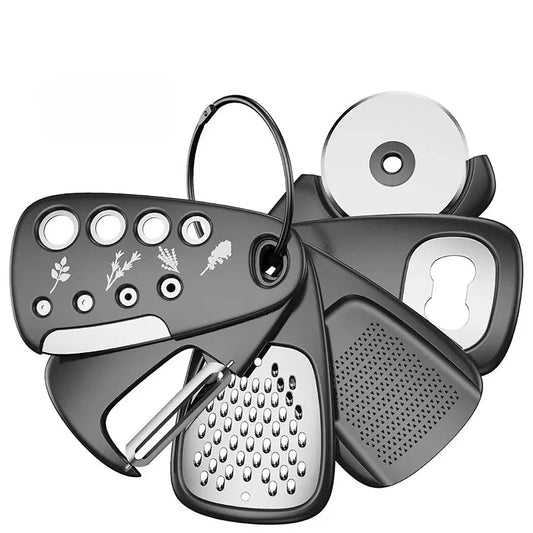 6-Piece Space-Saving Kitchen Gadgets Set - Includes Cheese Grater, Bottle Opener, Vegetable Peeler, Pizza Cutter, Garlic Grinder & More.