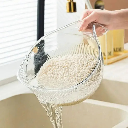 Multi-Functional Rice Washing Filter & Drain Basket - Clear Plastic Rinsing Basin with Handle - Portable Kitchen Sink Strainer for Fruits, Vegetables & Grains