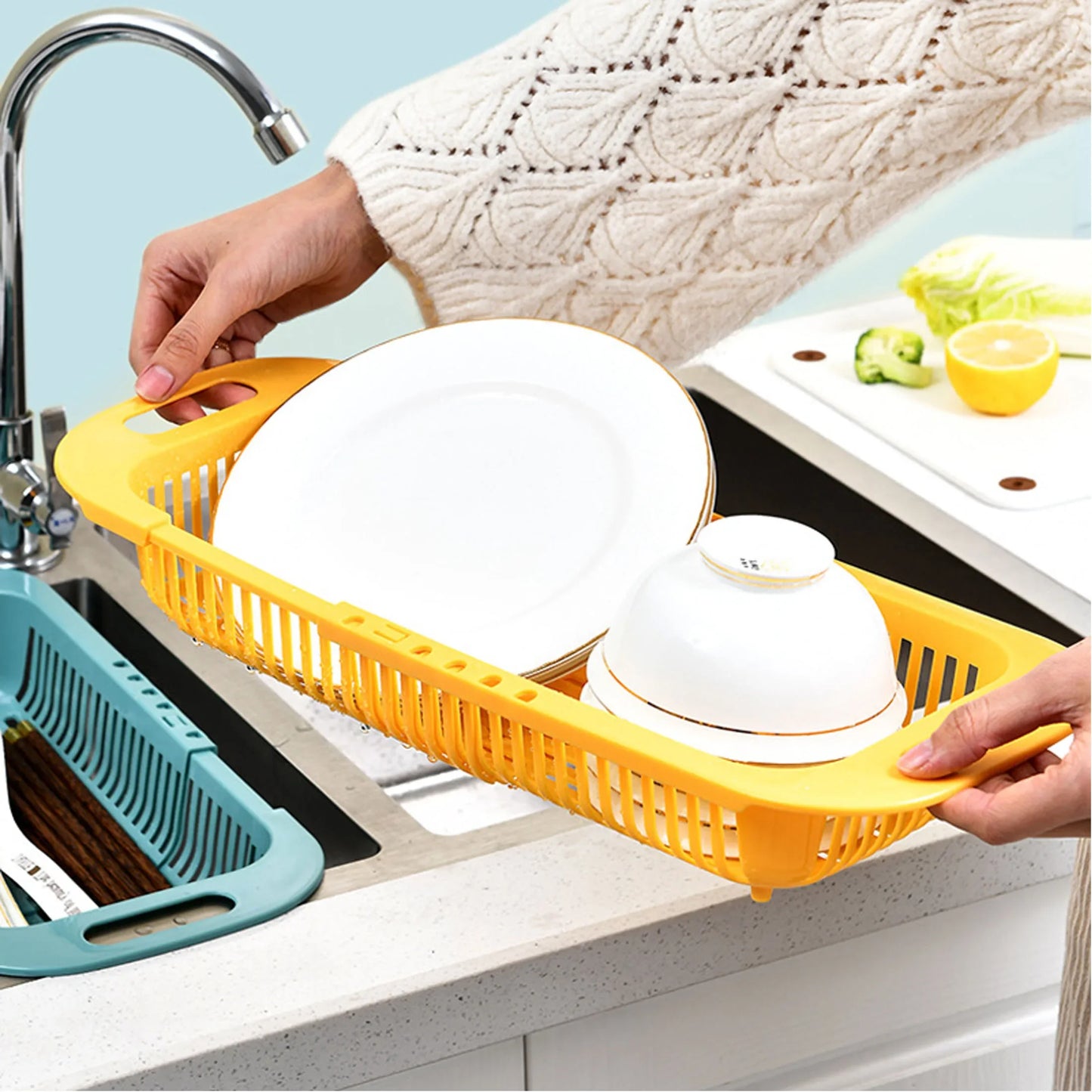 Sink Rack & Adjustable Drain Basket - Multi-Functional