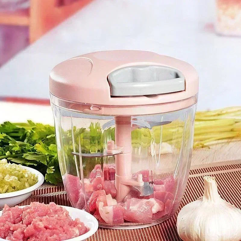 Manual String Pull Food Chopper & Garlic Press - Multi-Function Vegetable Cutter, Meat Grinder & Nut Mincer - Portable Kitchen Masher Tool.