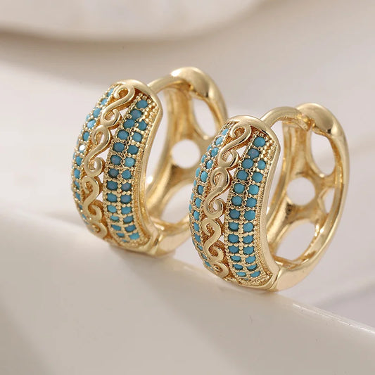 Elegant Retro Filigree Small Hoop Earrings – Turquoise Inlaid Golden-Tone Daily Wear Jewelry