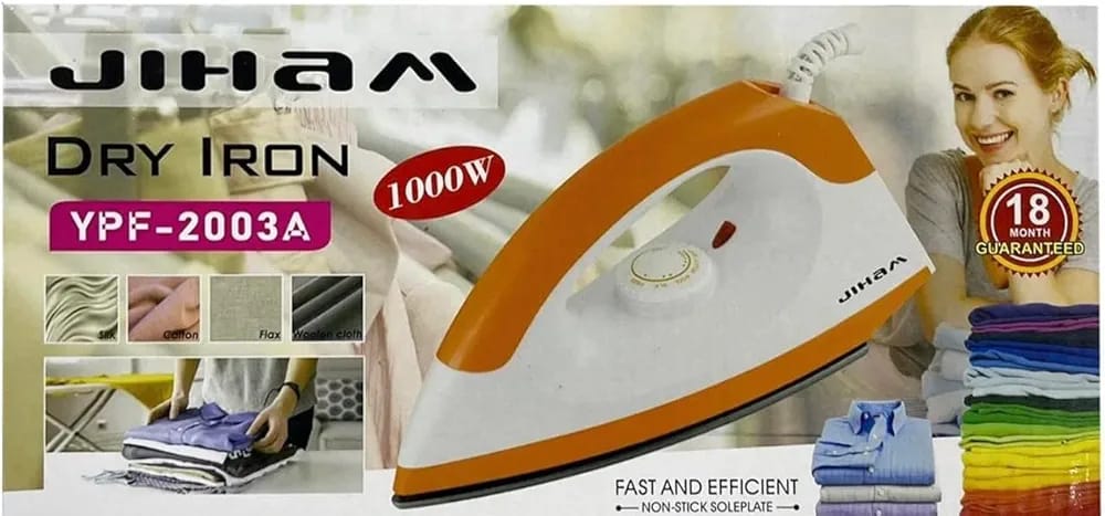 1000W Portable Dry Iron (Non-Stick Teflon Soleplate)